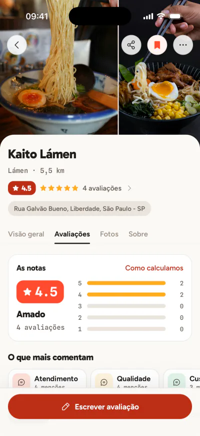Aba Avaliações de um restaurante: Rev Score 4,5, a distribuição das estrelas e os tópicos mais comentados.