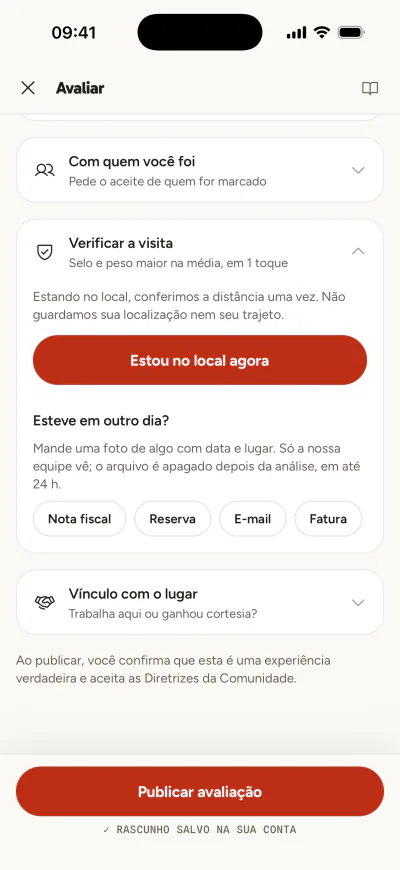 Verificar a visita no app: o botão Estou no local agora e, para outro dia, comprovantes como nota fiscal, reserva, e-mail ou fatura.
